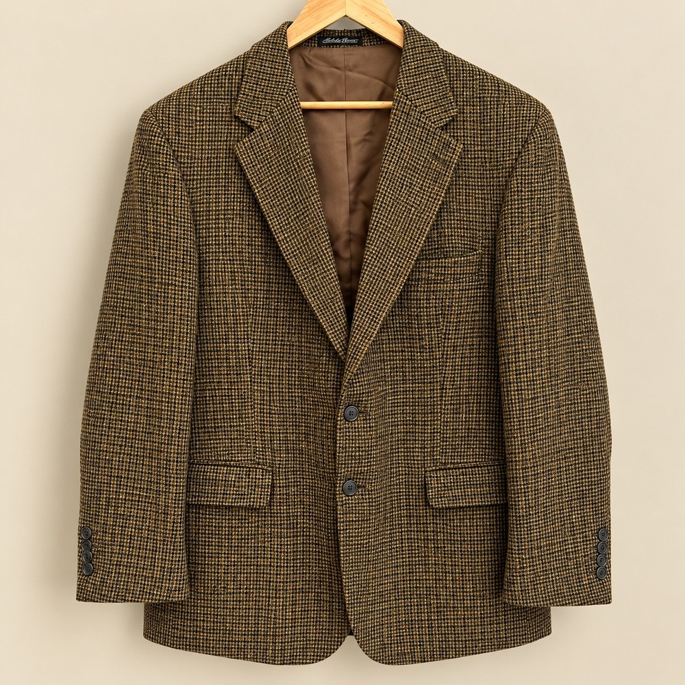 VTG MG Bowdon Harris Tweed Wool Blazer Mens 46L Brown Houndstooth Sport Coat